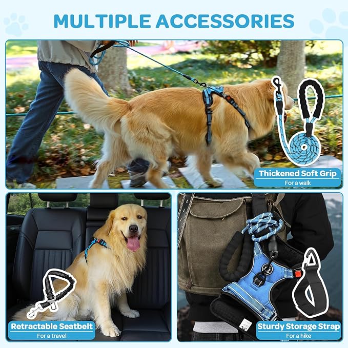 FURRYFECTION Plaid Dog Harness for Large Dogs, Reflective No Pull Adjustable Pet Vest with Front Clip, Leash, Easy Control Handle and Seat Belt, Blue, XL