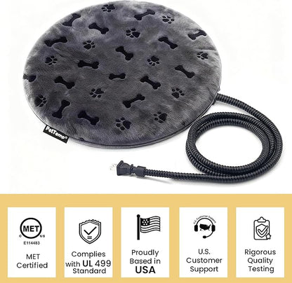 Pet Heating Pad for Cats Dogs Indoor & Sheltered Outdoor Waterproof Heated Cat Bed Heated Dog Bed Chew Resistant Cord Constant Temperature Gray Paw Print Round 16 Inch