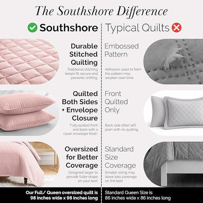 Southshore Fine Living, Inc. Stitched Pink Queen Quilt Bedding Set, Oversized Quilts Queen Size/Full, Pet Hair Resistant Bedding, Soft Cozy Bedspread, Full Size Coverlet, 2 Pillow Shams, Pastel Pink