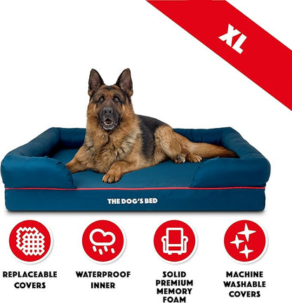 The Dog’s Bed Orthopedic Memory Foam Dog Bed with Bolsters for XL Dogs, Waterproof Washable Cover, Anti-Slip Base, Calming Surface – CertiPUR-Certified Foam, Oxford Fabric, Blue with Dark Red Trim, XL