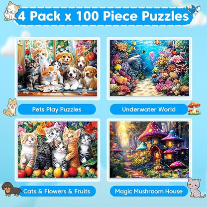 4 Packs 100 Piece Puzzles for Kids Ages 4-6 6-8 8-10, Cats Dogs Sea World Mushroom Large Piece Puzzle for Seniors 100 Pieces Adults Jigsaw Puzzle Learning Educational Xmas Toys for Boys and Girls