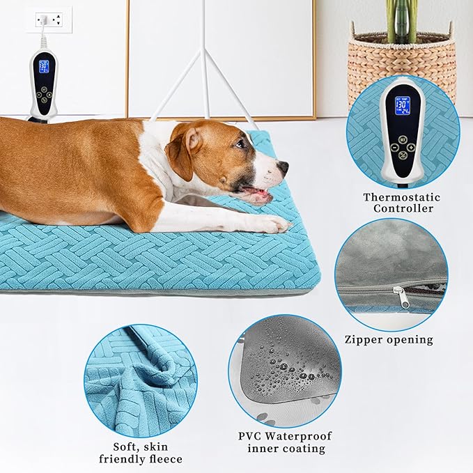 Dog Heating Pad 34x21inches, Pet Heating Pad for Dogs with Timer Temperature Control, Waterproof Whelping Mats Heated Dog Bed with Chew Resistant Cord, Soft Cloth Cover