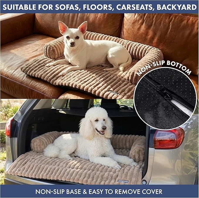 Spark Paws Luxury Dog Couch Cover Bed, Calming Pet Furniture Protector for Large & Small Dogs, Washable Bolster Dog Bed for Couch, Sofa & Bed - Brown, Large