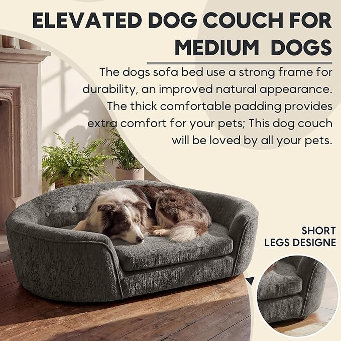 Dog Couch Bed with Oval Semi-Enclosed, Durable Linen Material Pet Sofa with Soft Foam Cushion, Dog Sofa Bed with Legs for Medium Dogs, Dark Grey
