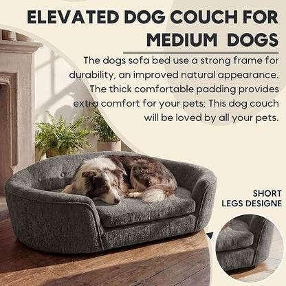 Dog Couch Bed with Oval Semi-Enclosed, Durable Linen Material Pet Sofa with Soft Foam Cushion, Dog Sofa Bed with Legs for Medium Dogs, Dark Grey