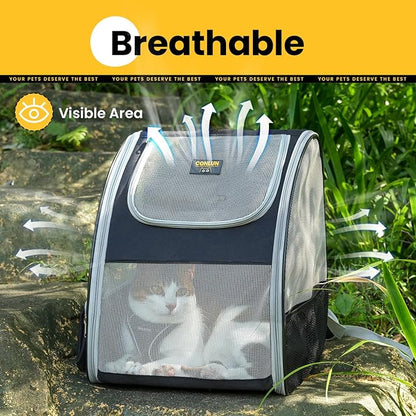 Conlun Cat Backpack Carrier for Small Dogs and Cats Fit Up to 15 Lbs,Small Dog Backpack, Foldable with 3-Side Mesh Windows, Pet Carrier for Travel & Hiking Friendly，Gray