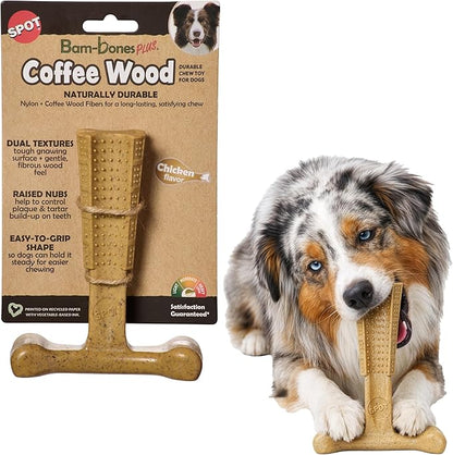 SPOT Bam-Bones Plus Coffee Wood T-Bone Dog Chew Toy, Chicken Flavor, Nylon and Coffee Wood Fiber Blend, Durable Chew for Heavy Chewers and Dogs Under 60 lbs, Non-Splintering Dental Chew, 6 Inch