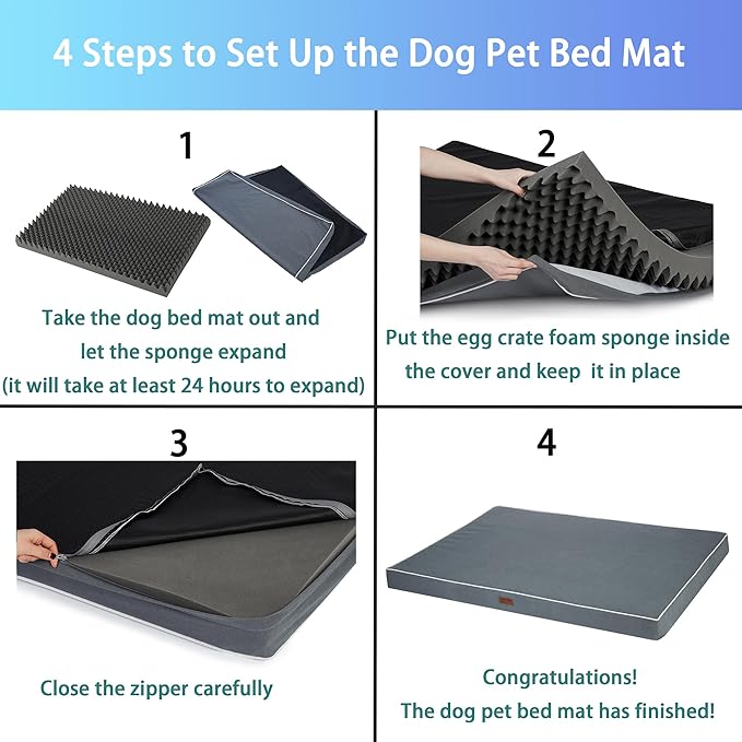 Dog Bed Mats for Large Big Dogs - Orthopedic Dog Pet Bed Thick Egg Foam Crate, Removable Washable Cover, Non-Slip Bottom Durable Dog Crate Bed Mat (Dark Gray, XXXL(54''x42''x4''))