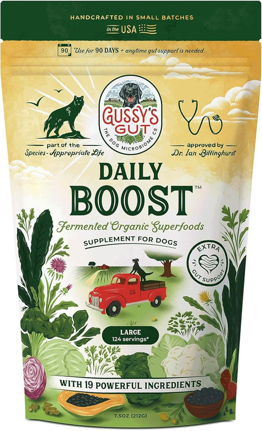 Gussy's Gut Daily Boost- Fermented Organic Superfood Reset & Reboot Dog Gut Health- Human Grade Pre & Probiotic Digestive Supplement- USA Made Small Batch 19 Ingredient Formula Reset Phase (7.5 Oz)