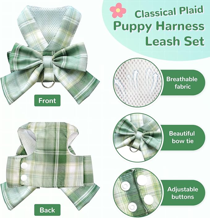 Cute Dog Harness and Leash Set with Bow Tie Soft Mesh Plaid Girl Puppy Harness No Pull Pet Cat Dog Vest Harness for Small Dogs Chihuahua Rabbit Outfit (Green,S)