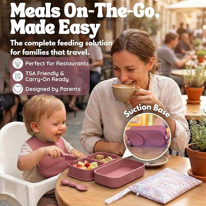 Baby Travel Essentials 6 Pc Silicone Feeding Set - Portable Toddler Plates with Suction, Baby Spoons & Foldable Bib in Carrying Case - BPA-Free Infant & Toddler Utensils for Airplanes & Eating Out