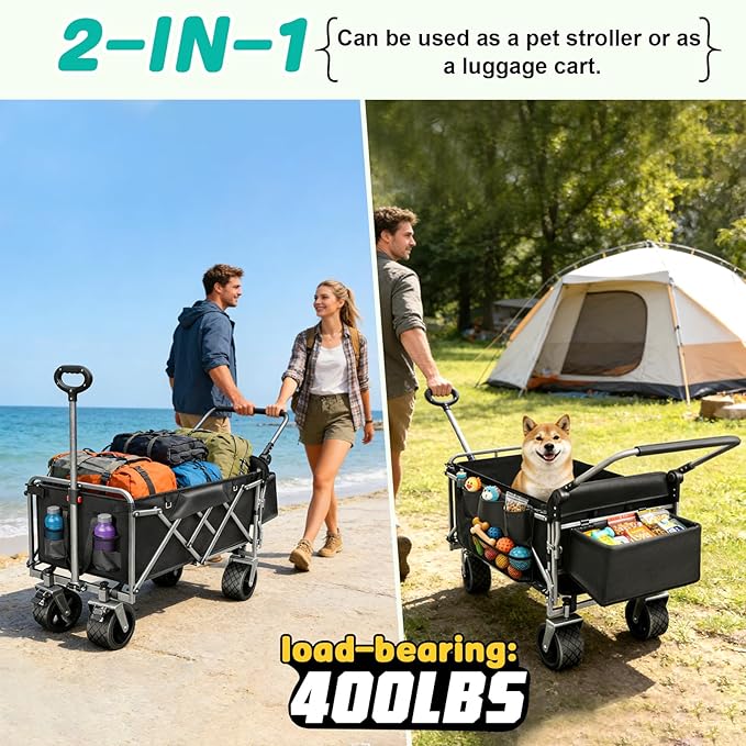 Dog Stroller for Large & Medium Dogs up to 220lbs with Tailgate, Mat, Multiple Pockets, Cup Holder, Storage Baskets, All-Terrain Foldable Large Pet Dog Wagon for Road Trips, Vet Visits, or Park Day