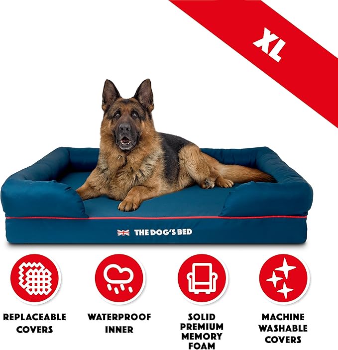 The Dog’s Bed Orthopedic Memory Foam Dog Bed with Bolsters for XL Dogs, Waterproof Washable Cover, Anti-Slip Base, Calming Surface – CertiPUR-Certified Foam, Oxford Fabric, Blue with Dark Red Trim, XL