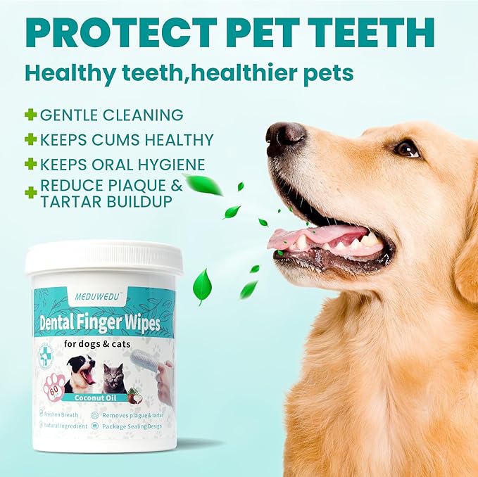 MEDUWEDU Dental Care Finger Wipes 120 Counts,Teeth Cleaning Finger Wipes for Dogs & Cats,Reduces Plaque & Supports Oral Freshness, Coconut Scent