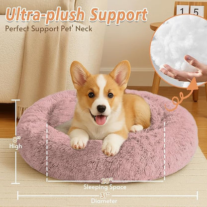 JOLLYVOGUE Calming Dog Bed Medium Size Dog, 31in Donut Washable Medium Pet Bed, Anti-Slip & Anti-Anxiety Fluffy Faux Fur Round Dogs Bed, Fits up to 45 lbs Pets (Dark Pink)