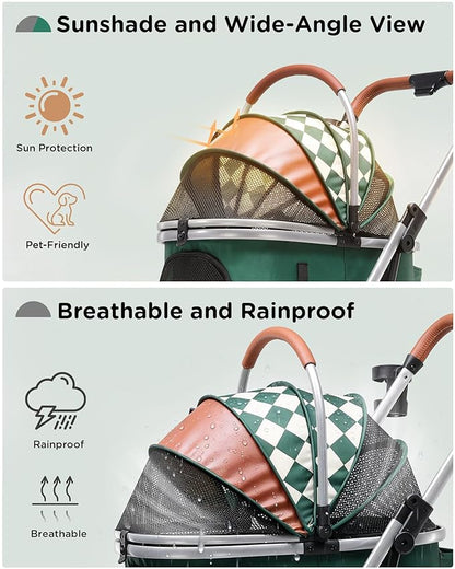 GTPLAYER 3 in 1 Pet Stroller with Removable Carrier, Foldable Stroller for Small/Medium Dogs and Cats, All-Terrain, with Sun Shades, Car Seat, Up to 45 lbs, Green