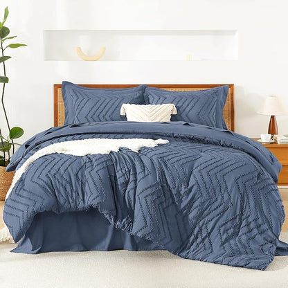 Litanika King Size Comforter Set with Sheets Ocean Blue - 7 Pieces Bed in a Bag King Chevron Tufted Complete Bedding Sets with Comforter, Sheets, Pillowcases & Shams
