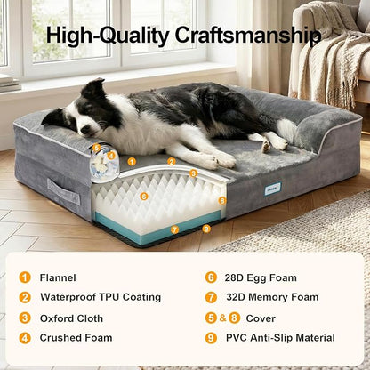 OhGeni Orthopedic Dog Bed Couch Cat Sofa for Large Sized Pets with Memory Foam, Machine-Washable Waterproof Removable Cover, Soft Comfortable Fabric, 38-inch (Gray)