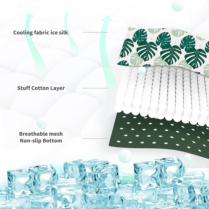 NWK Pet Cooling Mat for Large Dogs -Q-Max>0.345 Ice Silk Cooling Mat for Dogs & Cats Portable & Washable Pet Cooling Blanket, Car Seats, Beds for Summer (Green Leaf, 39'' X 27'' X 0.3'')