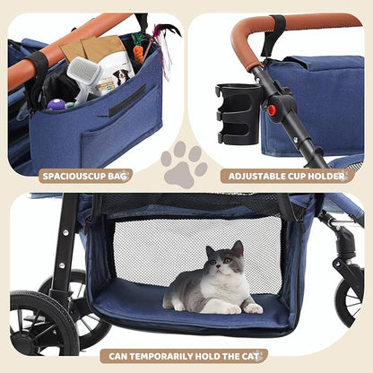All-Terrain Pet Stroller for 2 Small Dogs/Cats, Heavy Duty 4-Wheel Dog Stroller for Medium Dogs up to 20 lbs, Foldable Pet Pram with Storage Basket, Cup Holder, Adjustable Handle & Weatherproof Cover