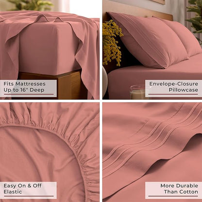 Mellanni Queen Sheet Set - 6-Piece Iconic Collection Bedding, (Including 4 Pillowcases), 16-Inch Deep Pocket, Easy Care, Extra Soft, Cooling Sheets, Brushed Microfiber - Coral