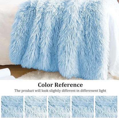 JONIYEAR Extra Large Decorative Fluffy Faux Fur Blanket Full Size 71" x 80", Soft Luxury Lightweight Furry Blankets, Accent Cozy Shaggy Plush Fuzzy Blankets for Bed, Thick Warm Winter Blanket, Blue