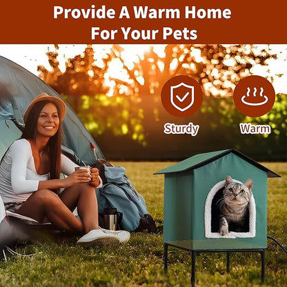 Heated Cat House for Indoor/Outdoor Use, Elevated/Insulated Feral Cat House, Heated Cat Bed with Pets Heating Pad, Warm House for Outside Stray Cats (Green,Medium)