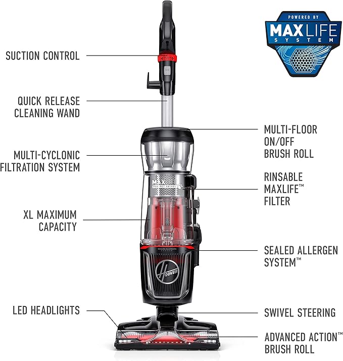 Hoover MaxLife Pro Pet Swivel Vacuum Cleaner, Bagless Upright Vac, HEPA Media Filtration, MaxLife System, WindTunnel Technology, Corded Vacuum Cleaners for Home Use