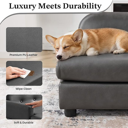 Luxury Dog Sofa Bed Elevated Pet Couch with Durable Waterproof Leather & Orthopedic Sponge - Modern Furniture Style Dog Lounge & Pet Bedside Step for Small/Medium Dogs/Cats, Gray