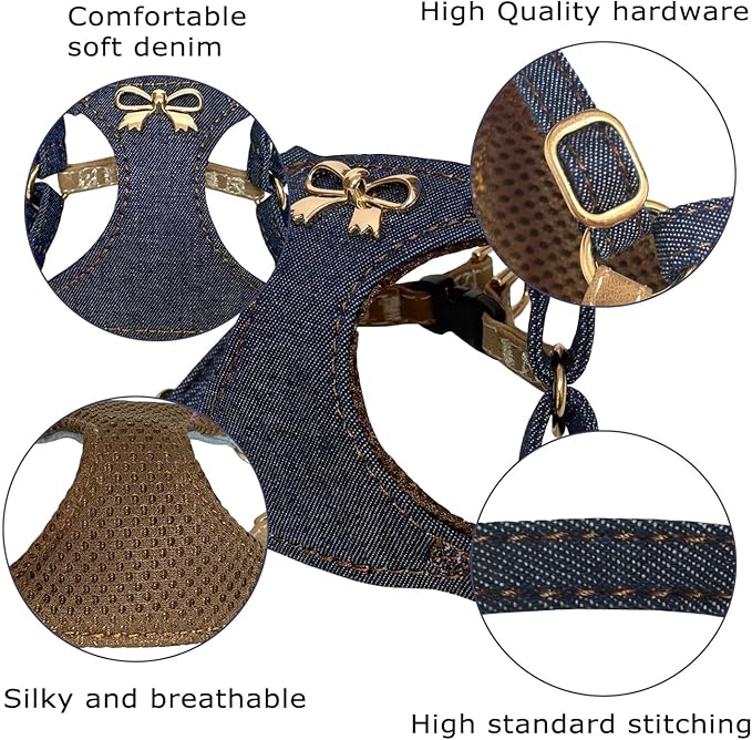 No Pull Dog Harness and Leash Set for Small Sized Dog Training Puppy Harnesses with Multifunction Dog Leash Soft Adjustable Denim No Choke Escape Proof Pet Harness for Small Medium Dog (Navy Blue S)
