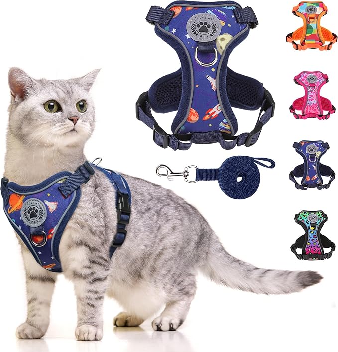 BEAUTYZOO Cat Harness and Leash for Walking, Escape Proof Soft Adjustable Vest Harnesses for Small Cats Kittens, Easy Control Breathable Reflective Strips Jacket, Blue, S