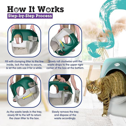 Omega Paw Premium Roll 'N Clean Self Cleaning Litter Box with Integrated Litter Step and Unique Sifting Grill, Regular Size, Forest Green