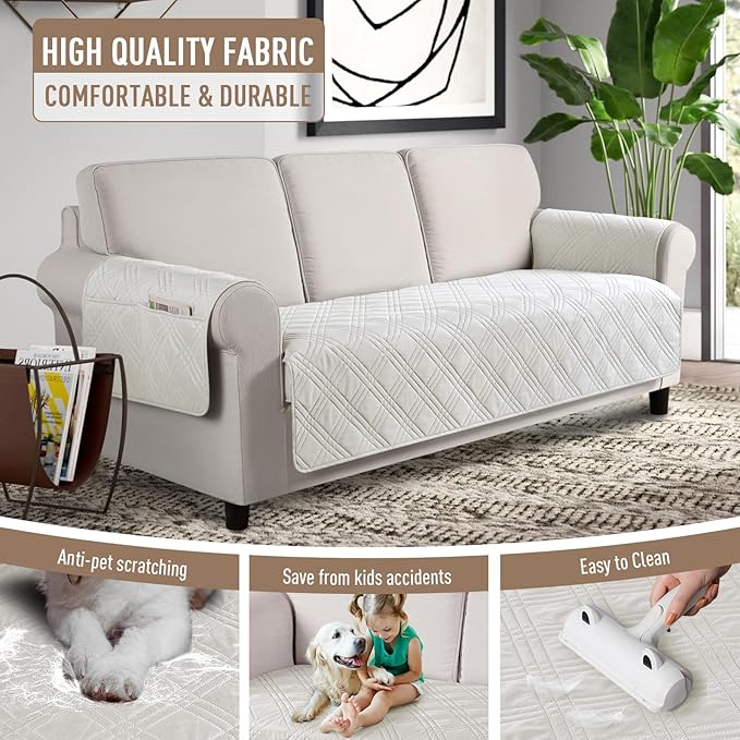 TAOCOCO Waterproof Couch Covers for Pets Dogs with Non Slip Backing, Sofa Seat Covers with Side Pocket for 3 Cushion Couch Washable Dog Couch Cover Protector Sofa Slipcovers(Sofa, Off White)