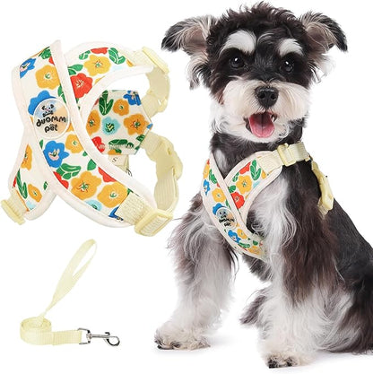 Patas Lague Dog Harness with Leash Set Adjustable Soft Padded Step-in Dog Vest No Choke No Pull Reflective for Small Pets with Poop Bags and Dispenser, Solid and No-chew, Floral Yellow XS