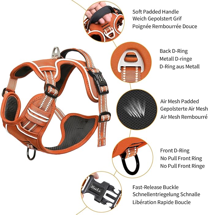 HEELE Dog Harness for Large Dogs No Pull Dog Vest Harness for Large Dog with Soft Padded Handle Reflective for Outdoor Training, Pumpkin Orange, L