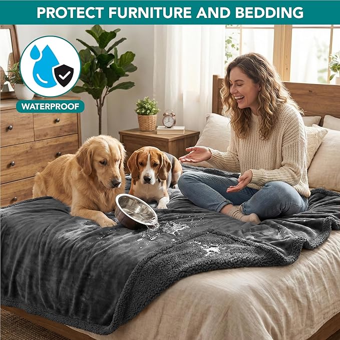 PetAmi Waterproof Dog Blanket for Medium Large XL Dog Puppy Cat Throw for Couch Cover Leakproof Protection, Sherpa Fleece, Reversible Soft Washable 80x60 Gray Gray
