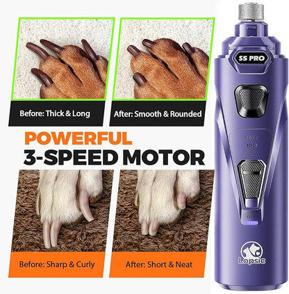 Whisper Quiet Dog Nail Grinder with 4 LED Lights, Safe & Stress-Free for Sensitive Dogs Cats of All Breeds & Sizes, 3 Grinding Bits, 3-Speed, Pet Nail Trimmers, Rechargeable Painless Grooming Kit Blue