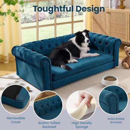 Elevated XL Large Dog Sofa with Backrest and Armrests, 55" Button Tufted Dog Couch Bed with Soft Cushion for Large Dogs, Stylish Lounging Bed Pet Couch Chair, 120Lbs Weight Capacity, Dark Blue