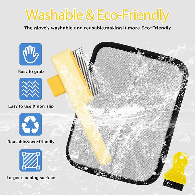 Electrostatic Pet Hair Removal Glove - Reusable Pet Hair Removal Glove with Cleaning Brush & Flea Comb for Cats & Dogs, Washable for Clothing, Couch, Carpet, Car Seat (Black/Yellow)