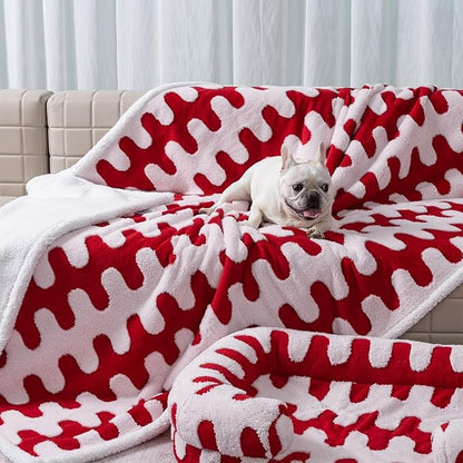 Waterproof 85x85in Pet Blanket Red Stylish Jacquard Sharpa Fleece Dog Blankets for King Size Bed Couch Sofa Covers Furniture Protection Washable Reversible Covers (Red Wave,XXL)