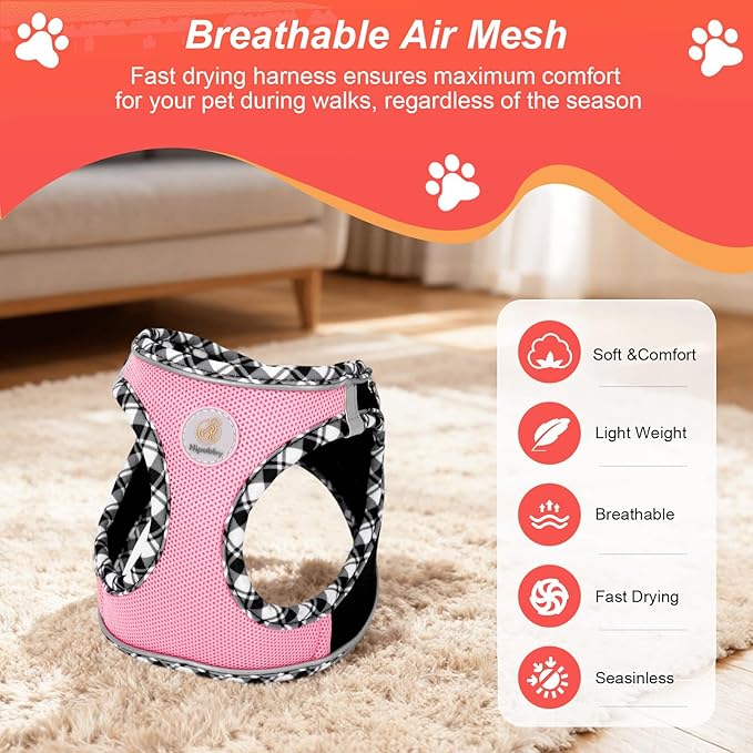 Hipubby Dog Harness Small Sized and Leash Set, No Pull Soft Mesh Puppy Vest, Reflective Breathable Lightweight Pet Harness, Harness for Small Medium Dogs and Cats - Black Pink, L