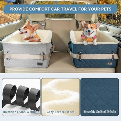 PETSFIT Pet Car Seat for Small Dogs, Soft Foam Dog Booster Car Seat with Patented Safety Buckles, Storage Pockets and Detachable Clip-On Safety Leash, Dog Carseat for Small Dogs Under 30 LBS (Blue)