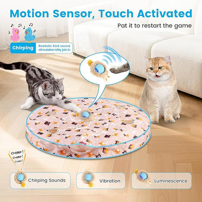 Interactive Cat Toys, Automatic Cat Play Hunting Mat Toy, Motion Activated Fast Moving Ball Hide and Seek for Indoor Enrichment Exercise, Animal Squeaky, 28 Inch Mat, 3 Tails