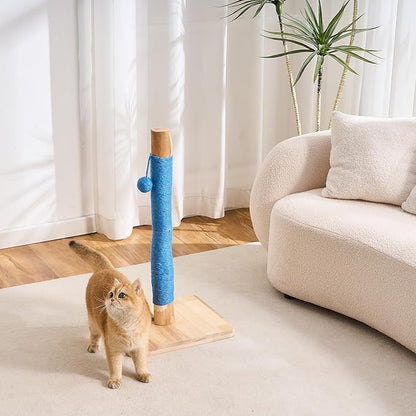 29" Tall Cat Scratching Post for Indoor Cats Adults, Extra-Stable & Natural Solid Wood Scratching Post Sisal Scratcher with Hanging Funny Ball, Blue