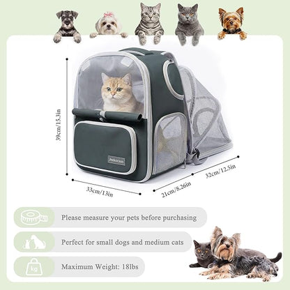 Cat Backpack Carrier Expandable, Breathable Mesh & Lockable Zippers & Shaded Curtains & Multi-Entry, Pet Backpack for Kitty Puppy Small Dogs Up to 18lbs for Travel, Hiking, Car, Vet(Green)