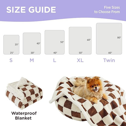 LE SURE Waterproof Puppy Blanket for Small Dogs - Washable Double Sided Dog Blankets with Warm Jacquard Shag and Soft Sherpa Fleece, Pet Cat Blanket for Couch Protection, 3D Textured Checks, Brown