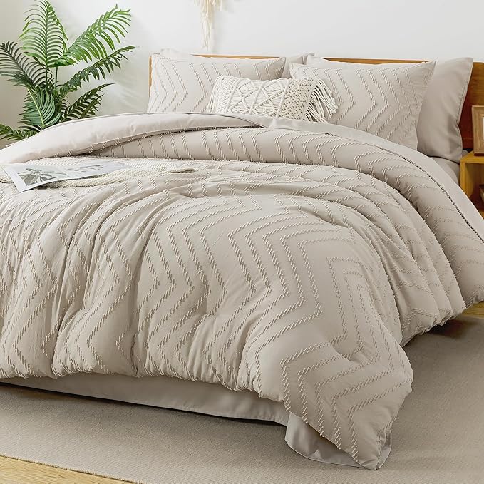 Litanika Comforter Full Size Set with Sheets Beige - 7 Pieces Bed in a Bag Full Chevron Tufted Complete Bedding Sets with Comforter, Sheets, Pillowcases & Shams