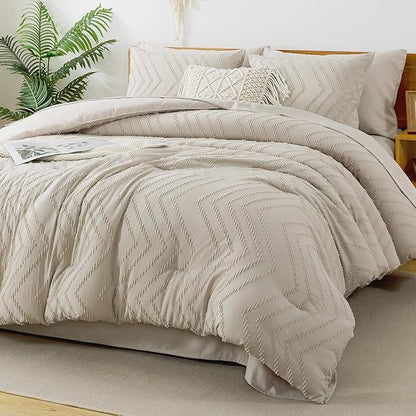 Litanika Oversized Alaskan King Comforter Set with Sheets 128x120, 7 Pieces Super King Plus Bed in a Bag Boho Tufted Bedding Comforter Sets Oatmeal