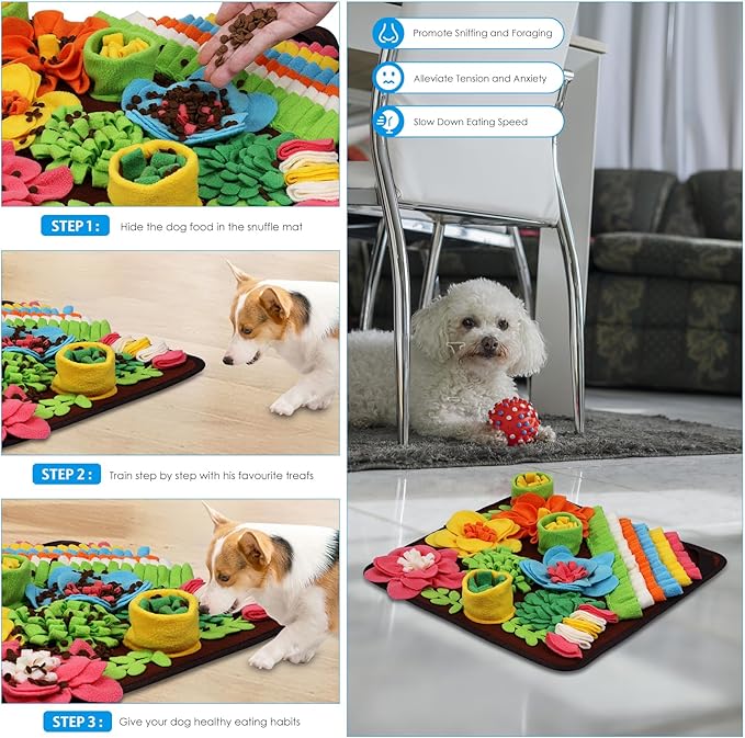 AMIR Snuffle Mat for Dogs, Dog Snuffle Mat for Encourages Natural Foraging Skills, Slow Eating, Stress Relief and Training, Small Sniff Mat for Dogs, Dog Puzzle Toys, 15 inch Brown