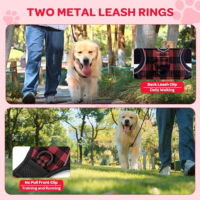 FURRYFECTION Plaid Dog Harness for Large Dogs, Reflective No Pull Adjustable Pet Vest with Front Clip, Leash, Easy Control Handle and Seat Belt, Red&Black, L